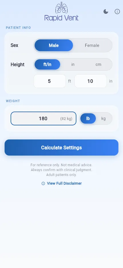 Rapid Vent Calculator input screen with sex, height, and weight fields