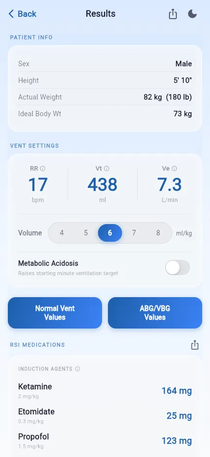 Calculated lung-protective ventilator settings in Rapid Vent Calculator: tidal volume, respiratory rate, and minute ventilation from ideal body weight