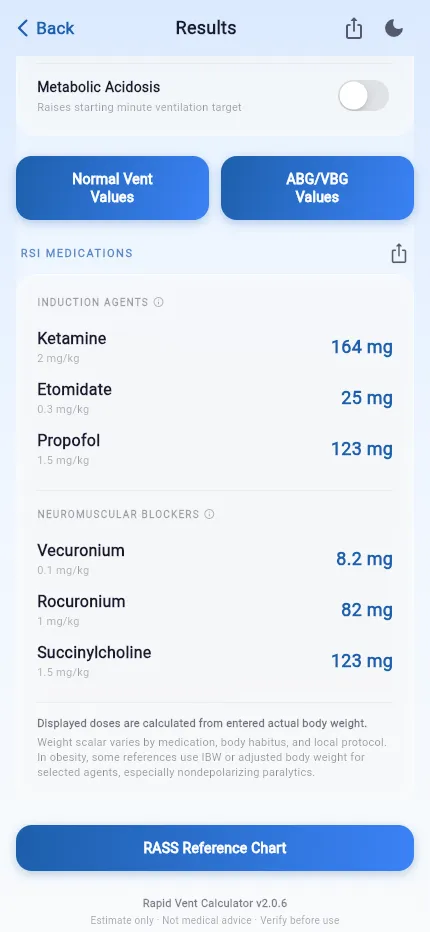Rapid Vent Calculator results screen showing weight-based RSI medication dose estimates