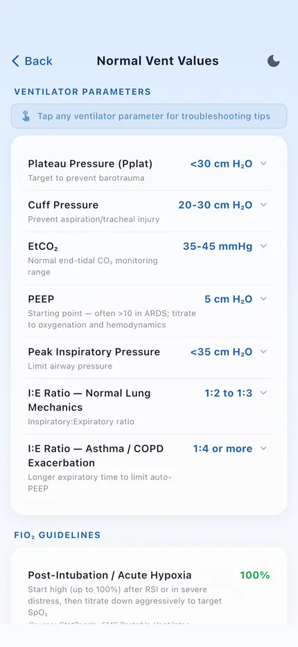Rapid Vent Calculator reference screen listing normal ventilator values